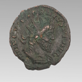 Ancient Roman 3rd century antoninianus radiate coin showing emperor portrait, approximately 19mm.