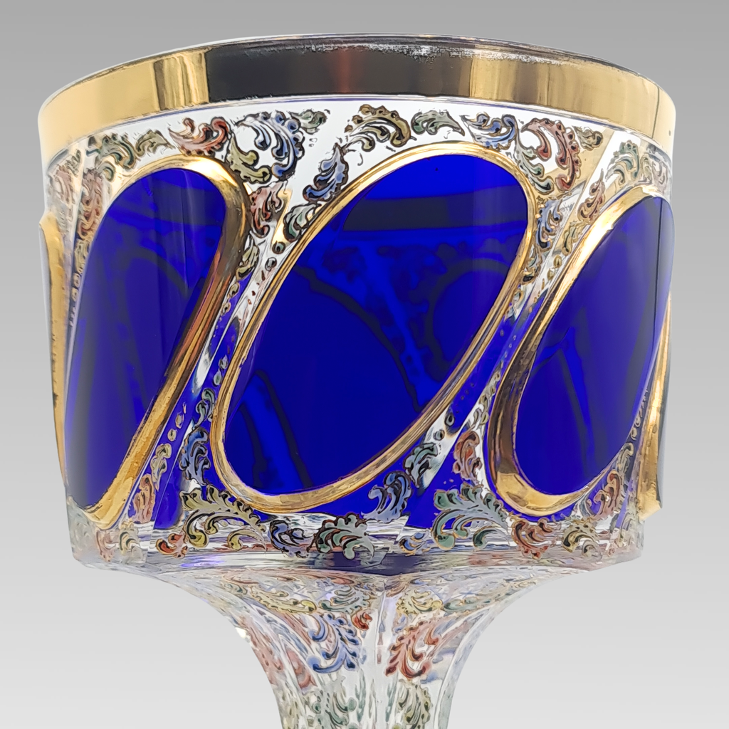 Antique Moser Tri-Colour Enamelled Glass Goblet c1890 Bohemian