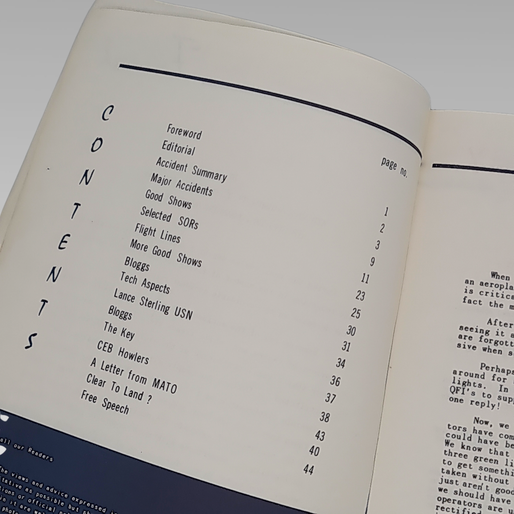 Close-up of the contents page of the RAF Flight Safety magazine.