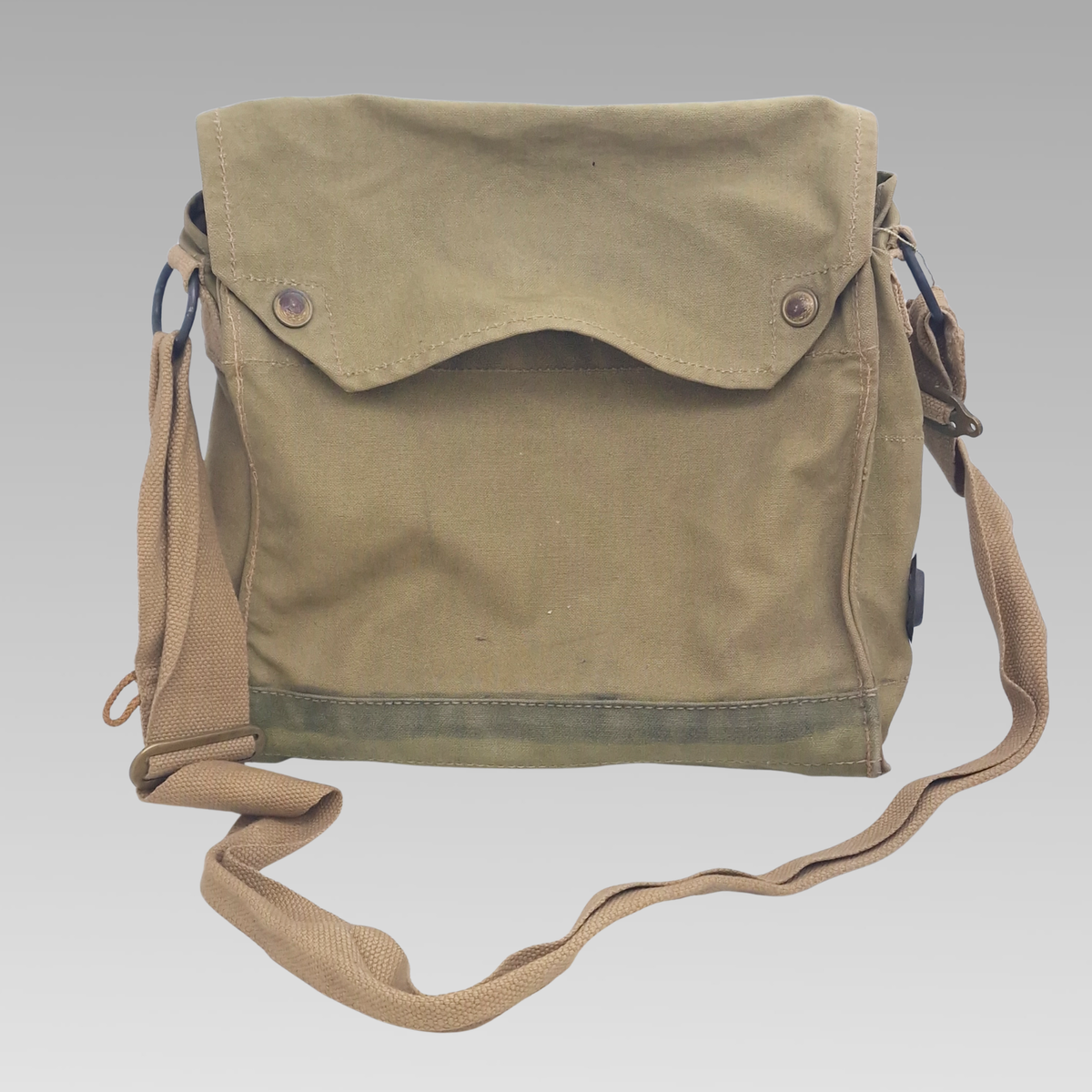 Khaki canvas WWII-style Commonwealth respirator transit bag with shoulder strap.