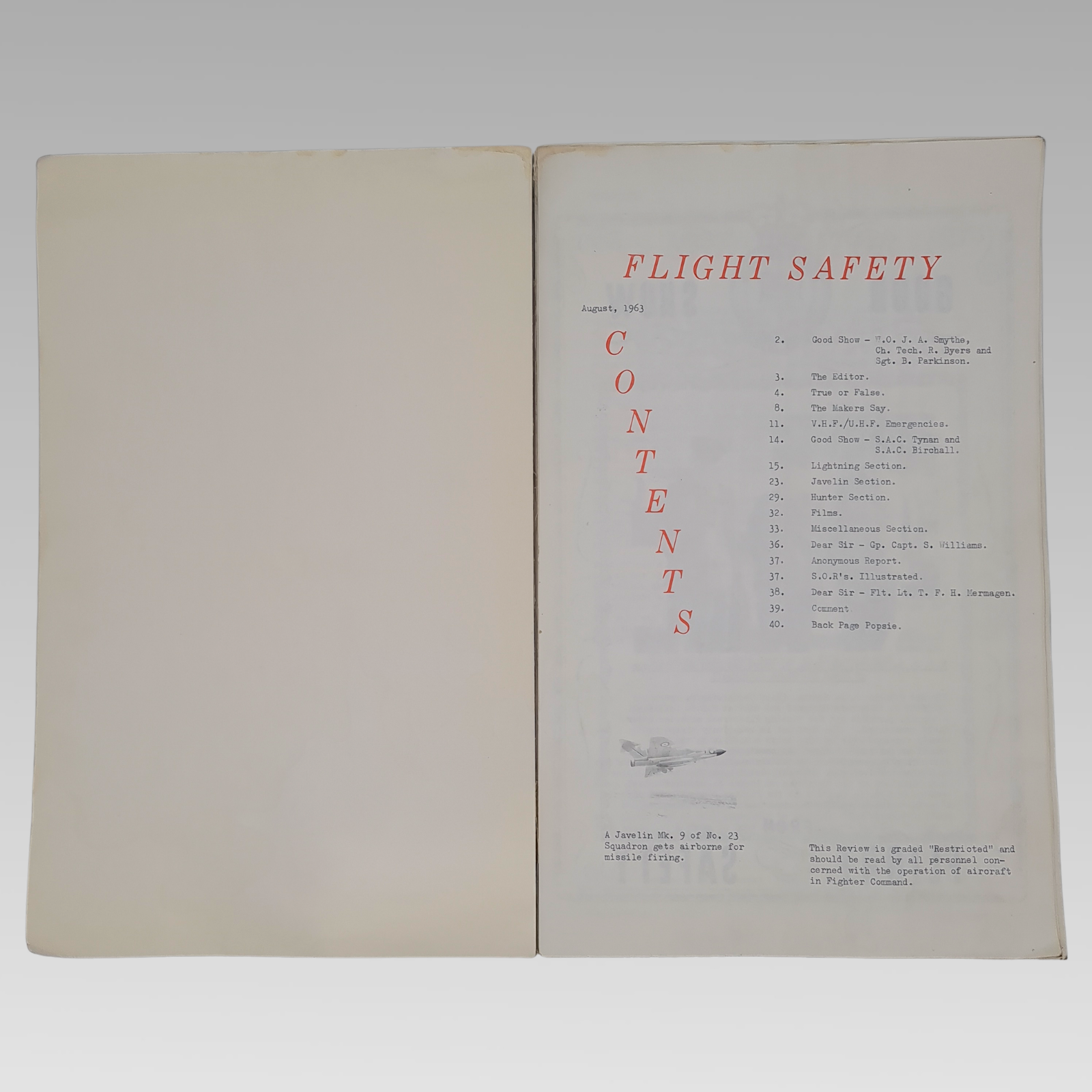 Contents page of the August 1963 Flight Safety review.