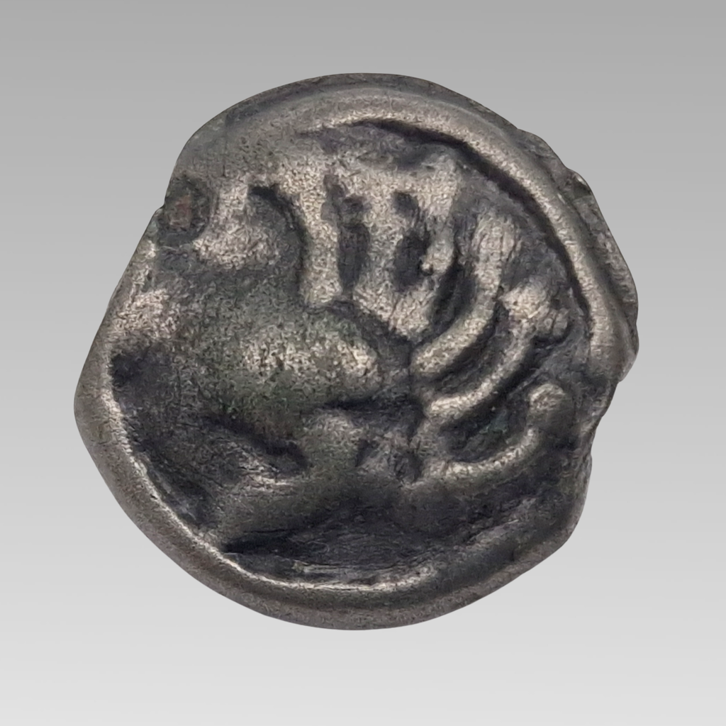 Ancient Celtic Senones potin unit circa 100-50 BC showing stylised Celtic head, 17mm.