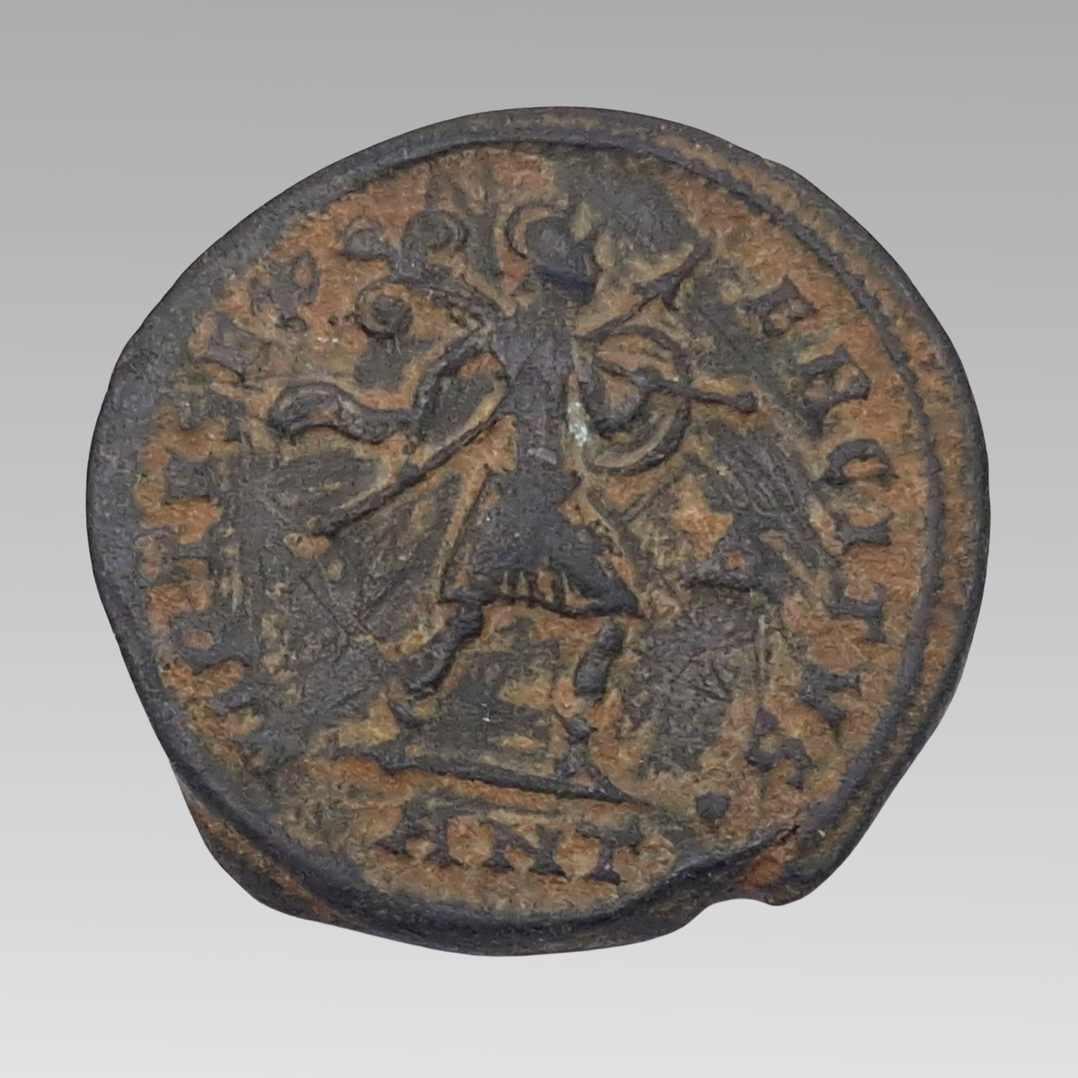Galerius Roman follis reverse showing VIRTVS EXERCITVS military figure, Antioch mint