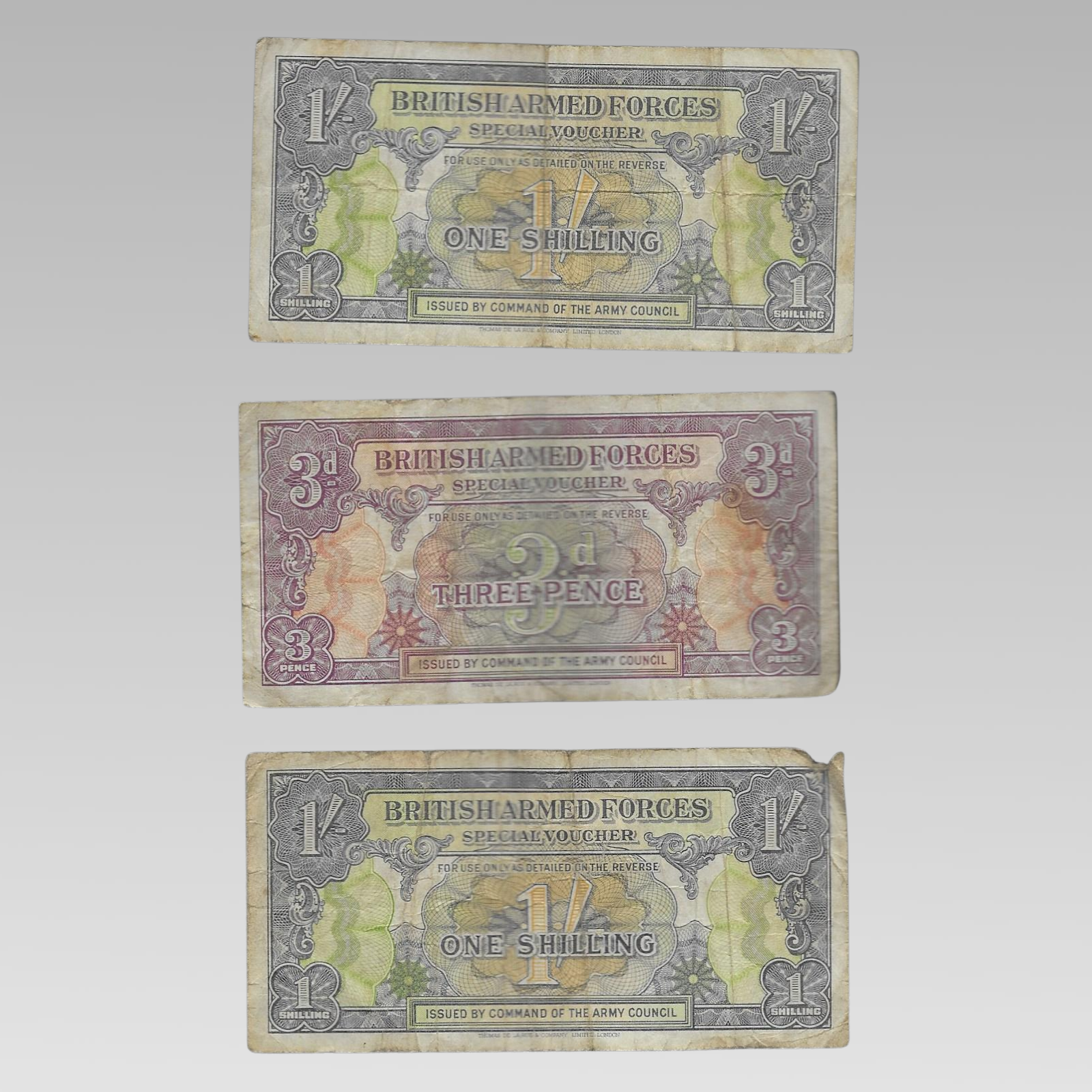 WW2 British Armed Forces Special Voucher Notes 1 Shilling & 3 Pence x3