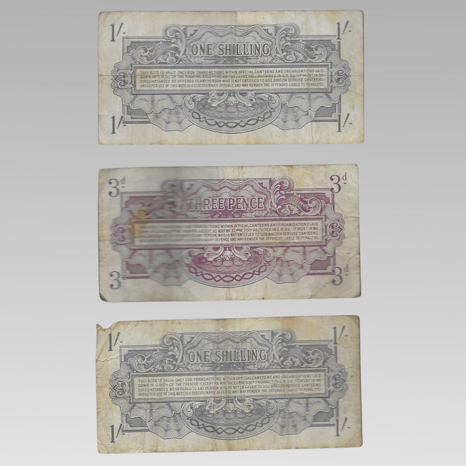 WW2 British Armed Forces Special Voucher Notes 1 Shilling & 3 Pence x3