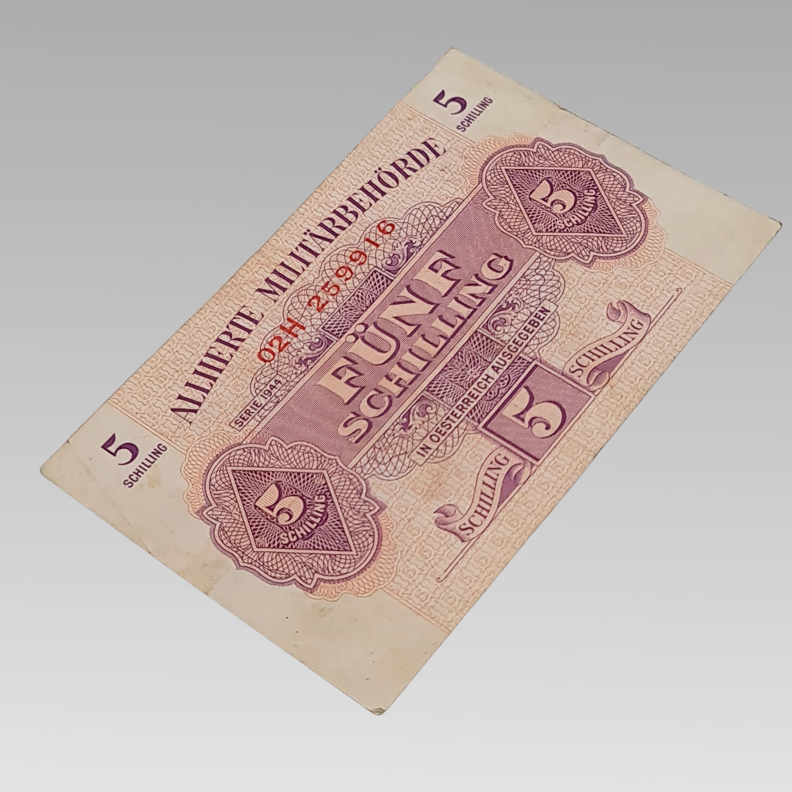 1944 Allied Military Authority Austria 5 Schilling Occupation Banknote