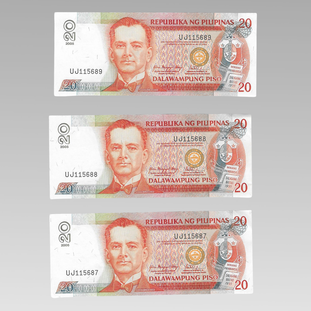 Set of 3 Philippines 20 Piso Banknotes Consecutive Serial Numbers