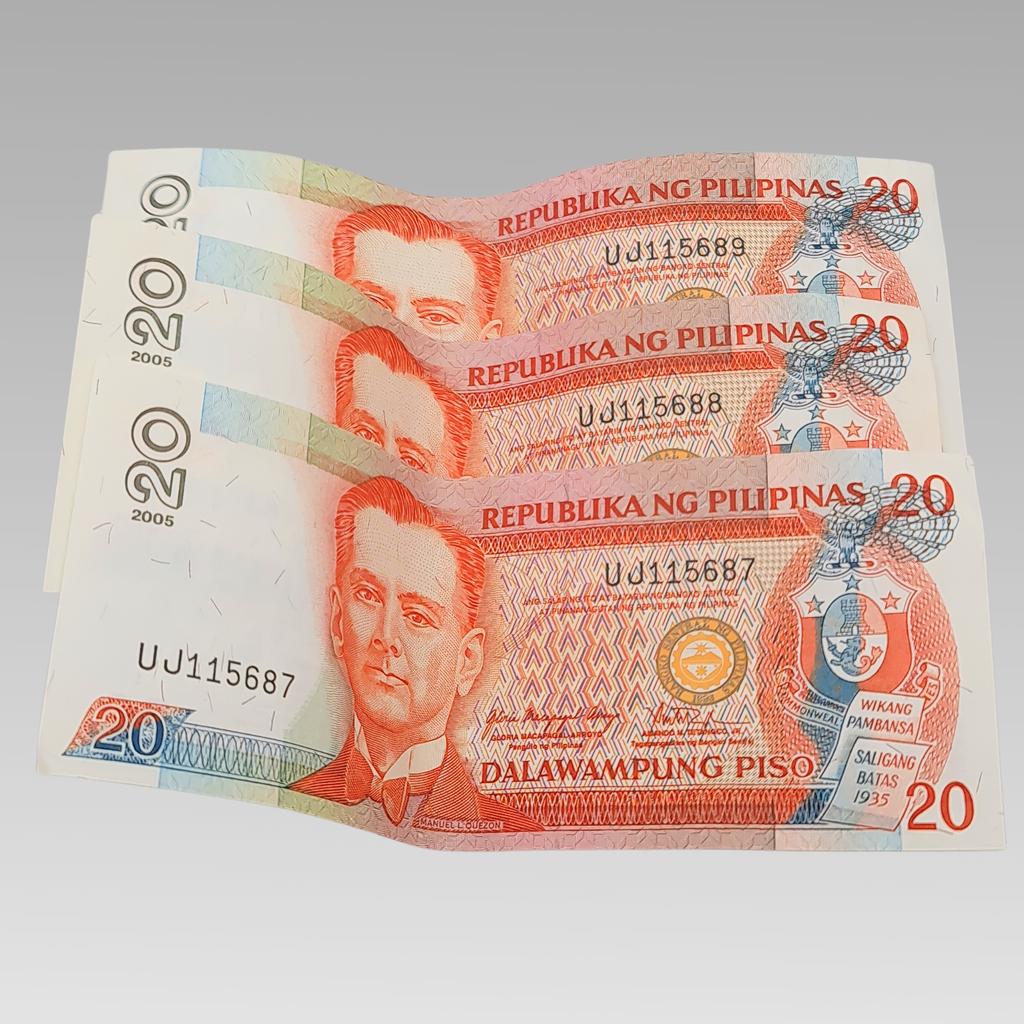 Set of 3 Philippines 20 Piso Banknotes Consecutive Serial Numbers