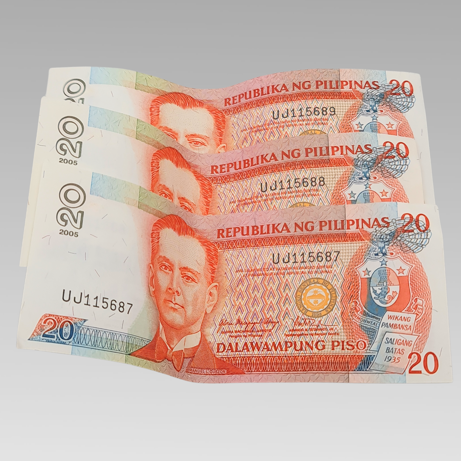 Set of 3 Philippines 20 Piso Banknotes Consecutive Serial Numbers