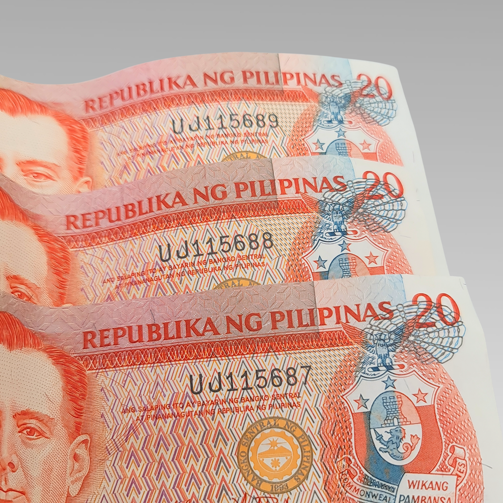 Set of 3 Philippines 20 Piso Banknotes Consecutive Serial Numbers