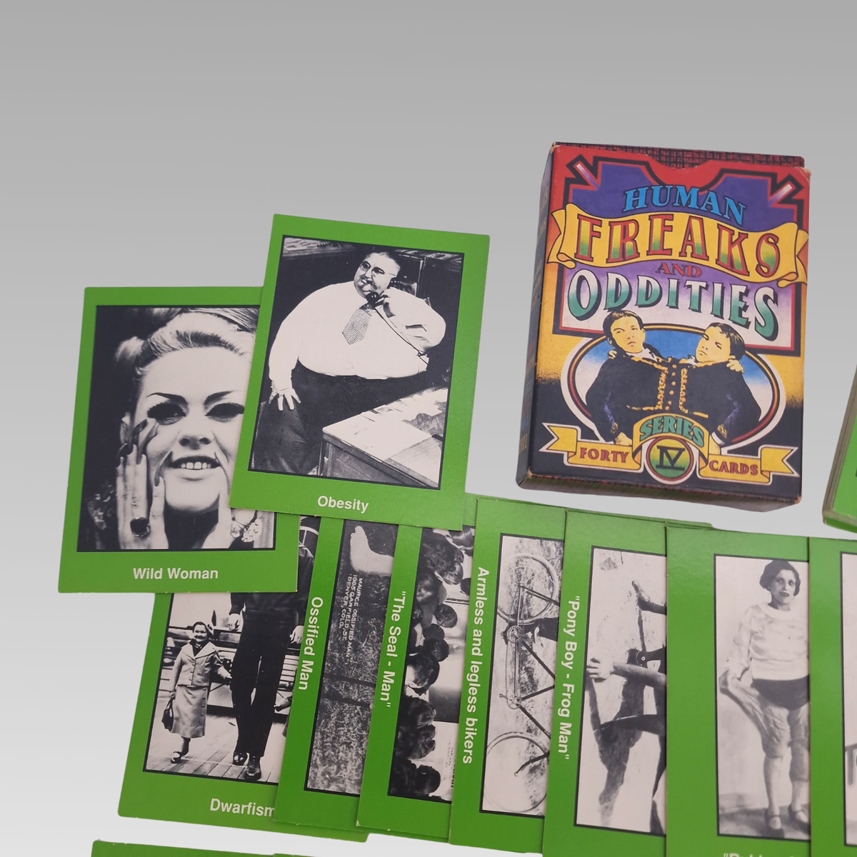 Human Freaks and Oddities photographic trading cards showing original illustrated packaging.