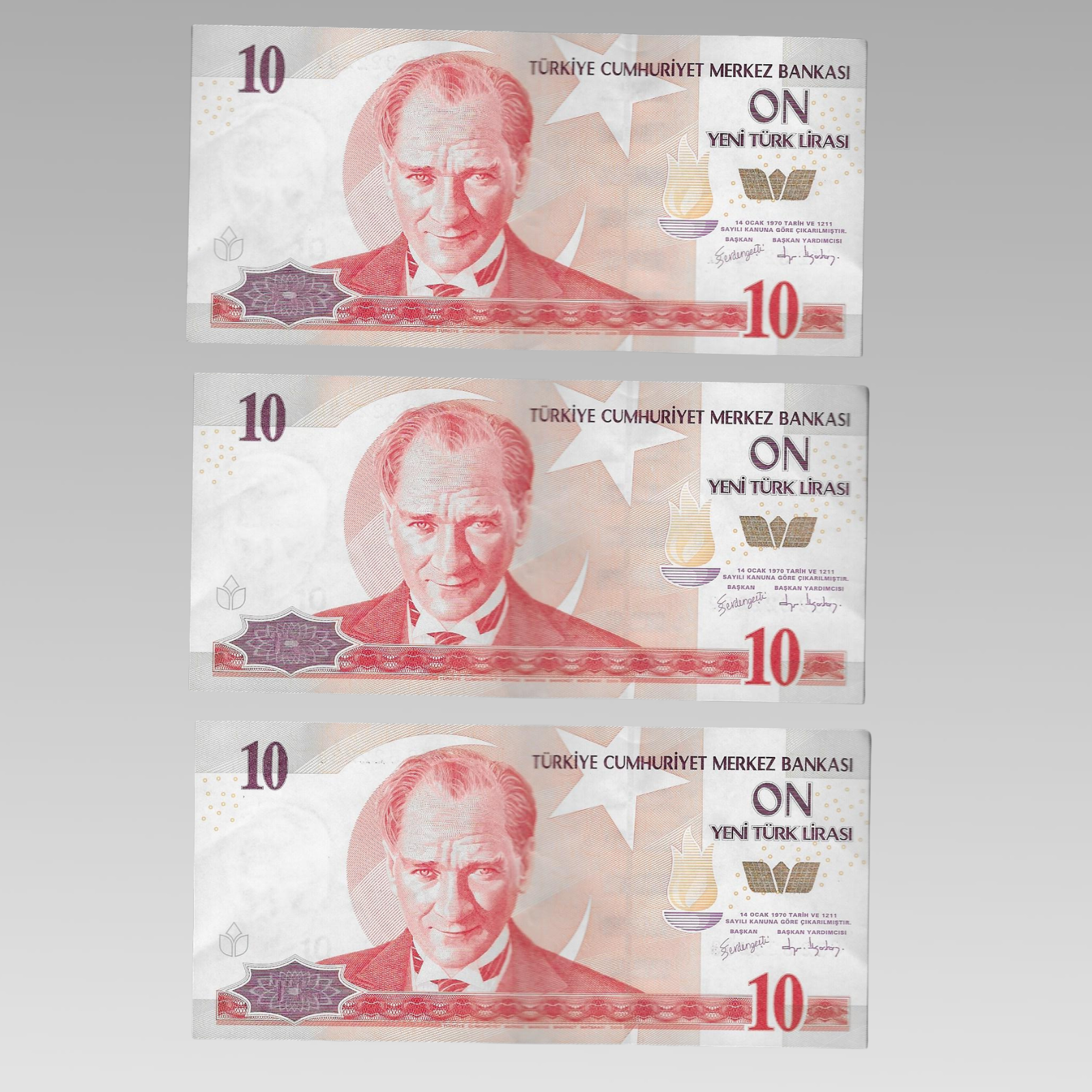 Turkish 10 Yeni Türk Lirası banknotes featuring Mustafa Kemal Atatürk