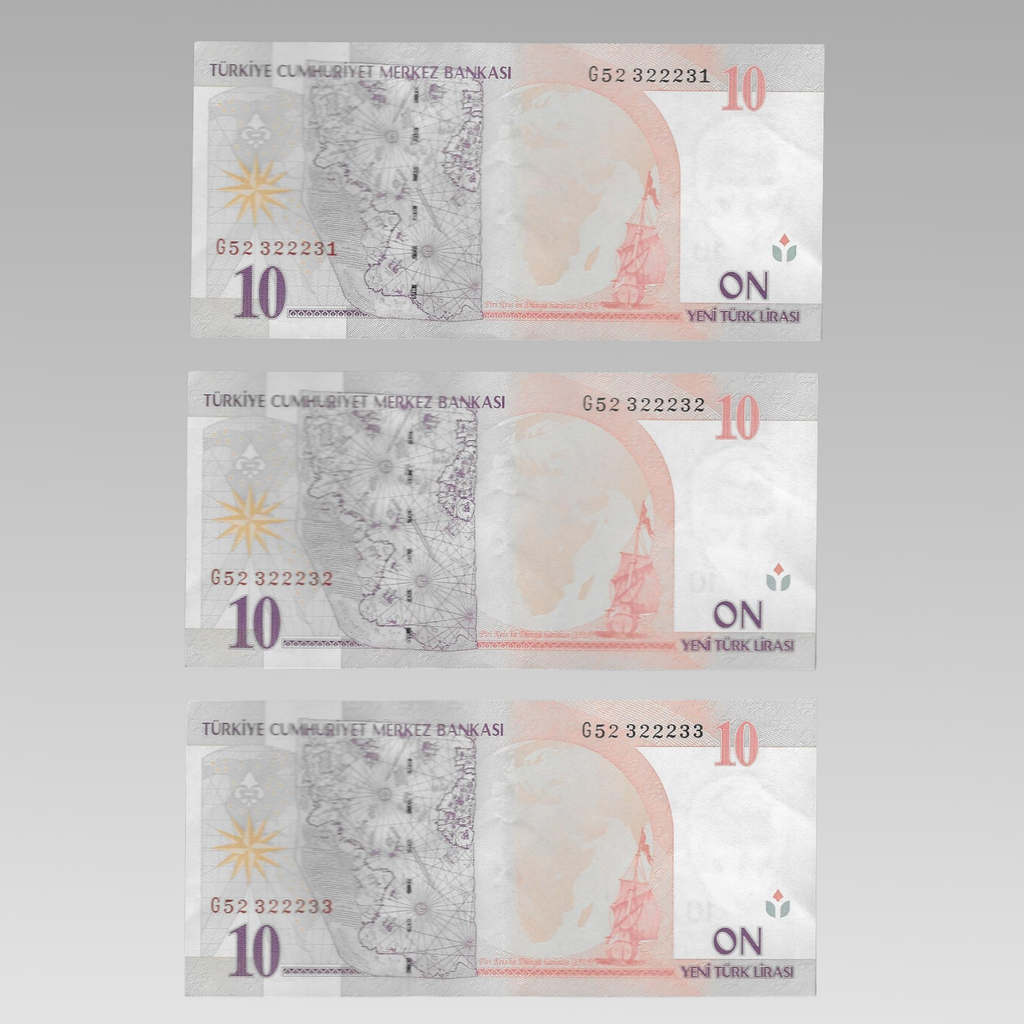 Reverse of Turkey 10 Yeni Türk Lirası consecutive serial number banknotes showing map and sailing ship